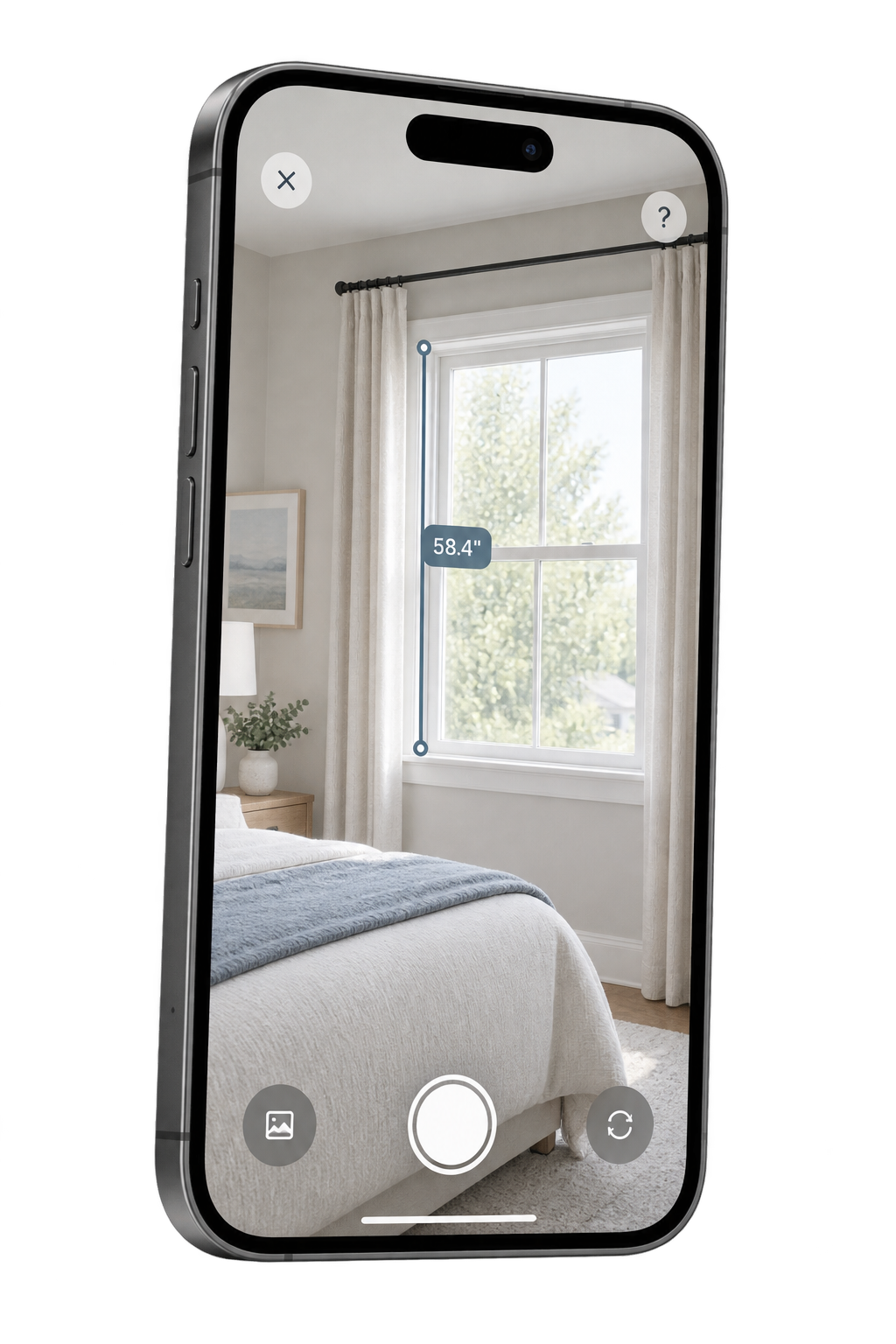 An iPhone using an AR ruler to measure the vertical side of a bedroom window